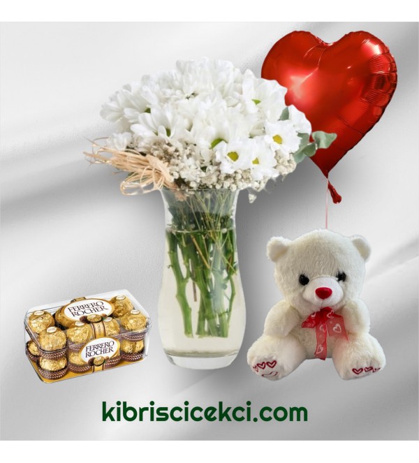 Vazoda Papatya Ayıcık 16'lı Ferrero Çikolata Kalp Helyum Balon Vazoda Papatya Ayıcık 16'lı Ferrero Çikolata Kalp Helyum Balon